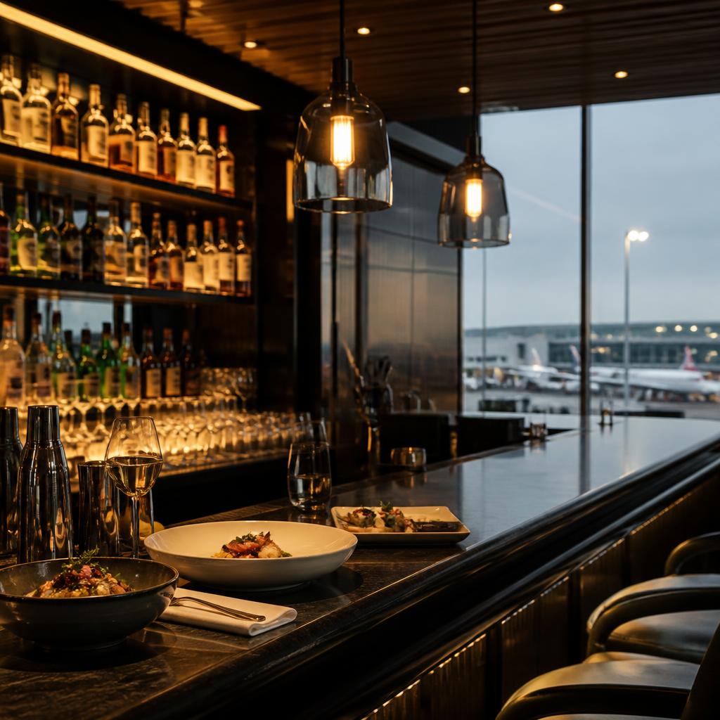 Restaurante de aeroporto com balcão iluminado